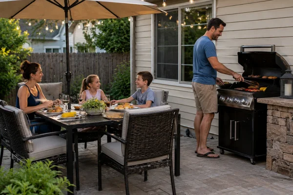 A family enjoying a backyard barbecue dinner on a patio, highlighting a comfortable outdoor living space.