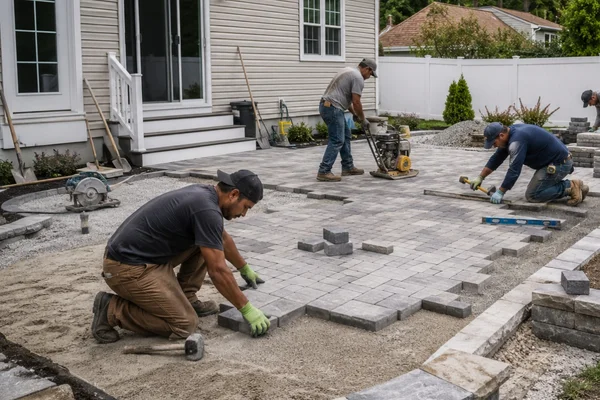 A landscaping crew installing a custom stone paver patio design in a residential backyard.
