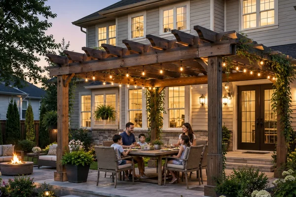 A family dining outdoors under a completed wooden pergola installation featuring string lights in a backyard patio.