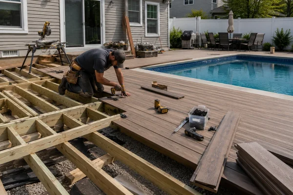 A contractor installing composite boards during a backyard deck restoration project next to a swimming pool