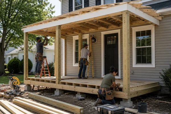 A construction crew working on a front porch installation project for a grey residential home.