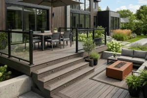 Modern, multi-level composite deck featuring glass railings, an outdoor dining set, and illuminated stairs leading down to a fire pit lounge area.