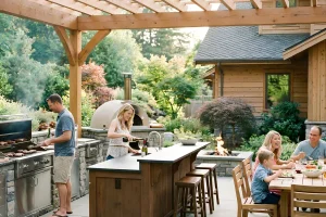 Outdoor kitchen with built-in grill, pizza oven, island seating, and wooden pergola for backyard entertaining