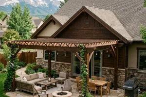 Wood pergola with outdoor seating and dining area beside a Colorado home with mountain views